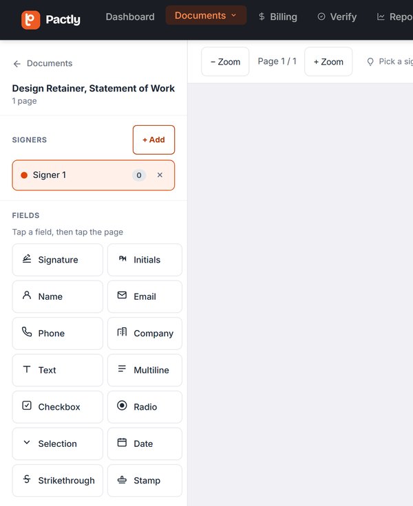 Pactly in use: signature and date fields being placed on a
                  retainer agreement, the list of documents out for signature,
                  and the public page confirming a signed document's record is
                  intact.